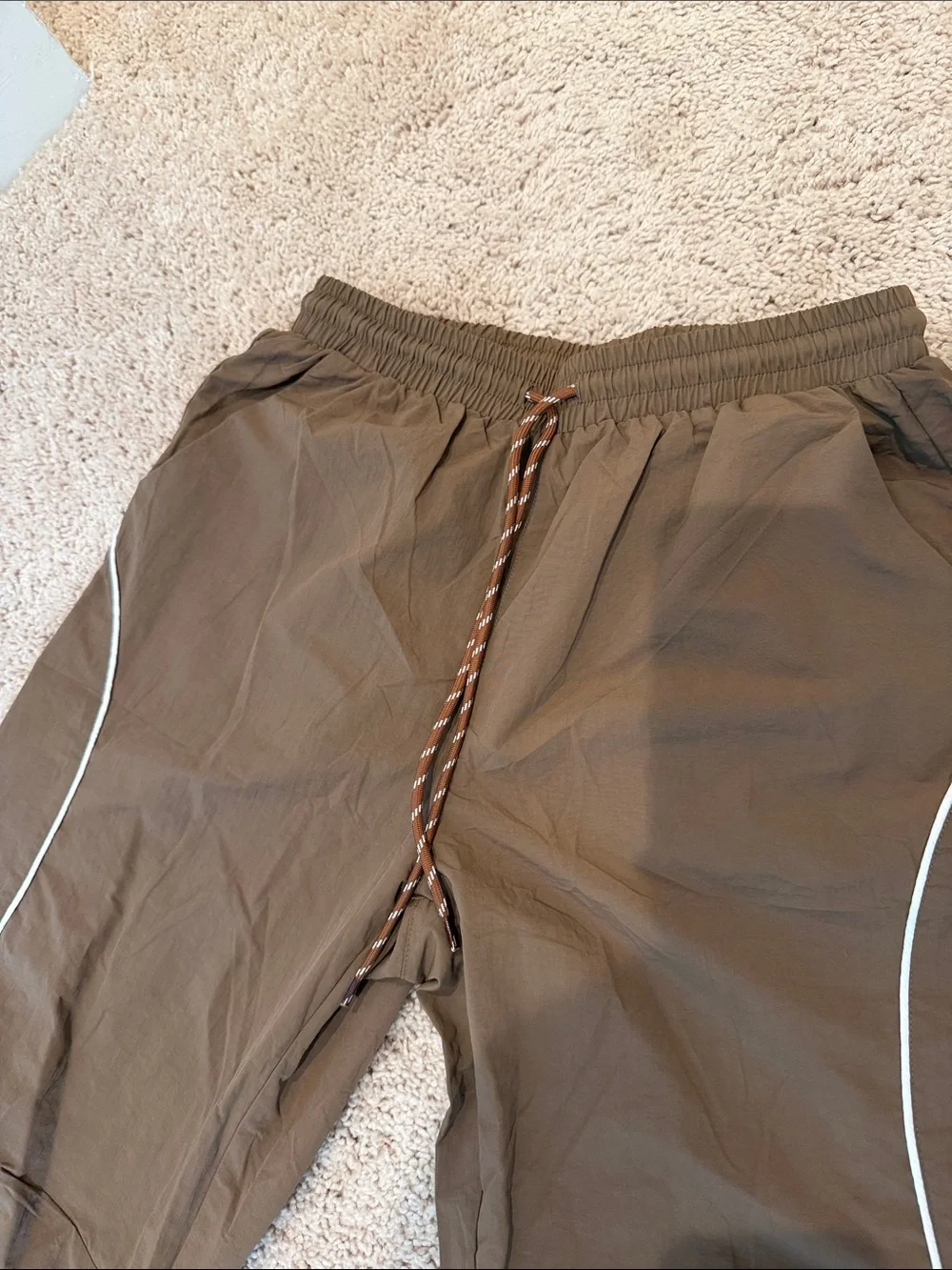 Women’s Brown Elastic-Waist Track Pants with Reflective Piping